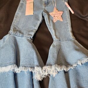 GOGO Light Blue Double Ruffle Flare Jeans with Frayed Hem